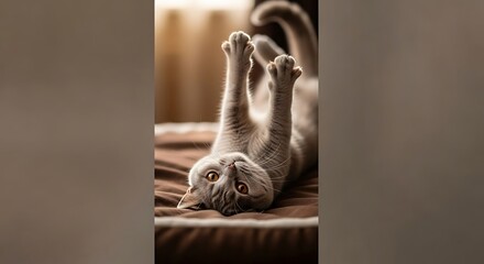 Adorable Grey Cat Lying on Back.