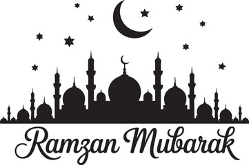 Ramzan mubarak calligraphy with mosque silhouette and stars on checkered background vector © Laila