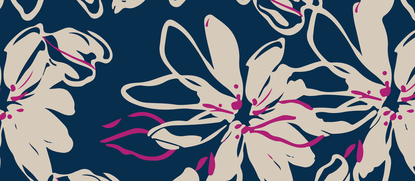 Modern navy blue floral Shawl, Dupatta pattern illustration with cream flowers and bright magenta pink accents for a stylish and high-contrast botanical background.