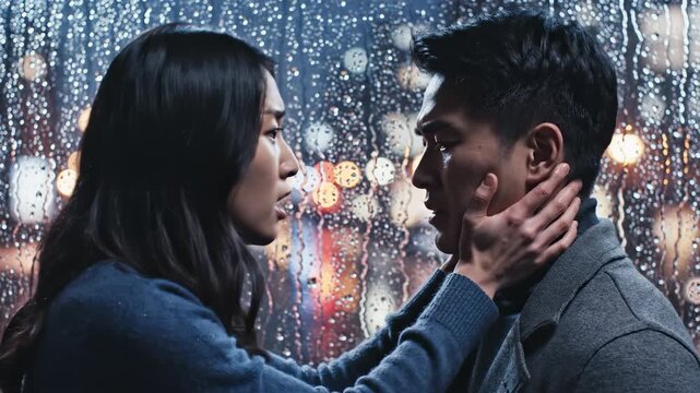 In the heart of a bustling city, two lovers share a passionate gaze under the gentle patter of rain. Their faces are adorned with emotion, revealing a profound bond and unspoken thoughts.