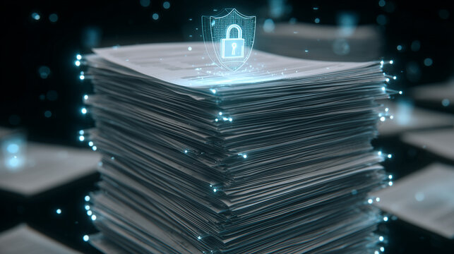 stack of legal papers protected by transparent digital shield and biometric lock system, law regulation and data privacy compliance theme