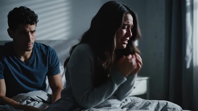 In a softly illuminated bedroom, a man comforts a woman in distress. Shadows dance across their faces as he provides solace while she grapples with her emotions.