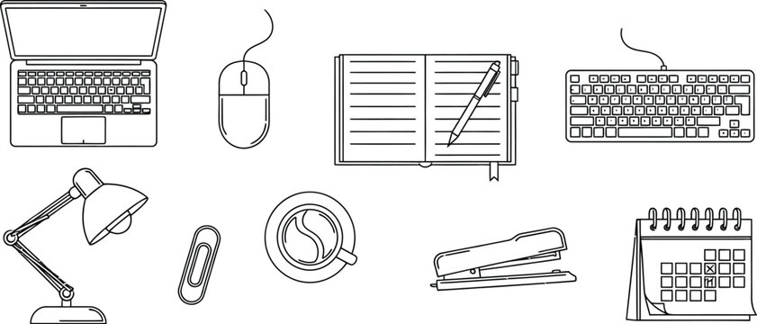 Set of black and white line art icons illustrating essential office supplies and desktop electronics necessary for modern remote work or professional business tasks