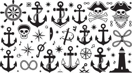 Black and white nautical and pirate symbols including anchors skulls and lighthouses © KDP Coloring Pages