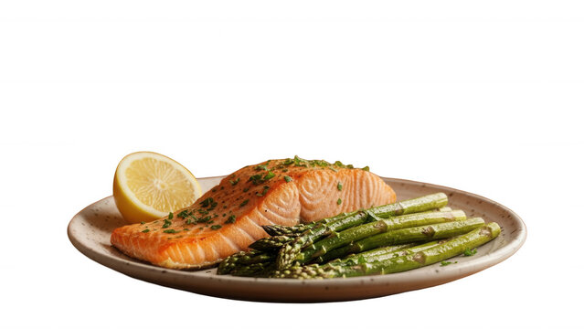 Elegant Plated Salmon Dish with Asparagus Garnished with Lemon on Black Backdrop