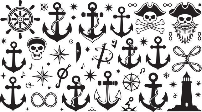 Black and white nautical and pirate symbols including anchors skulls and lighthouses