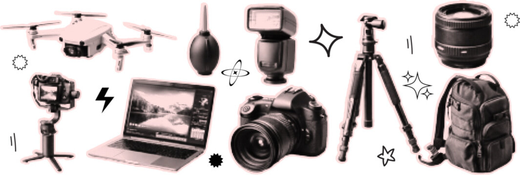 Halftone pop art dot drone camera laptop tripod backpack gimbal lens air blower photography equipment collection vector illustration