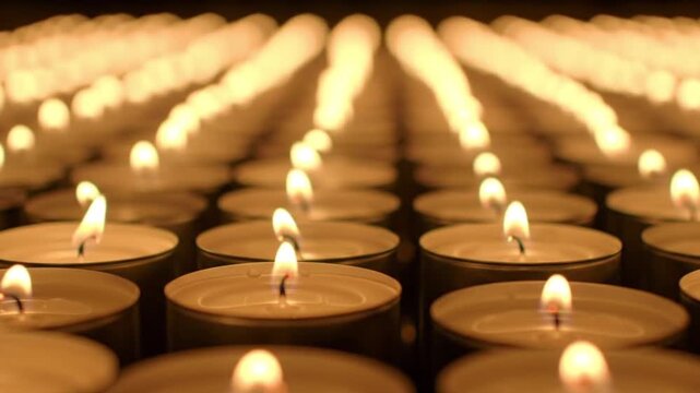 An infinite, repeating pattern of lit tea candles, creating a tunnel of warm, flickering light, with a shallow depth of field and bokeh, cinematic lighting, ultra realistic yoga relax