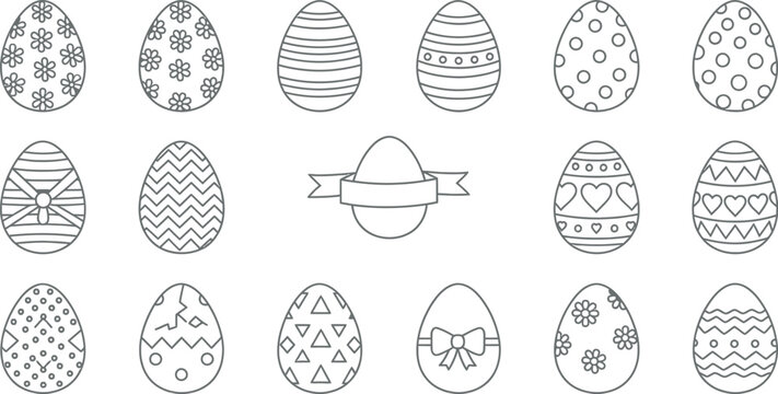 Collection of various beautifully decorated easter eggs featuring different patterns like flowers stripes hearts and simple geometric shapes for holiday coloring pages