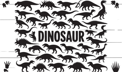 Black dinosaur silhouettes with the word dinosaur in the center on a white background © KDP Coloring Pages