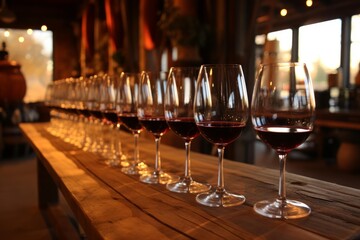 Naklejka premium Wine glasses filled with red wine waiting for a tasting on a wooden table