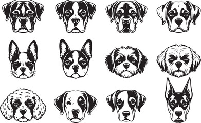 Fototapeta premium Twelve black and white dog breeds illustrated in a stylized manner