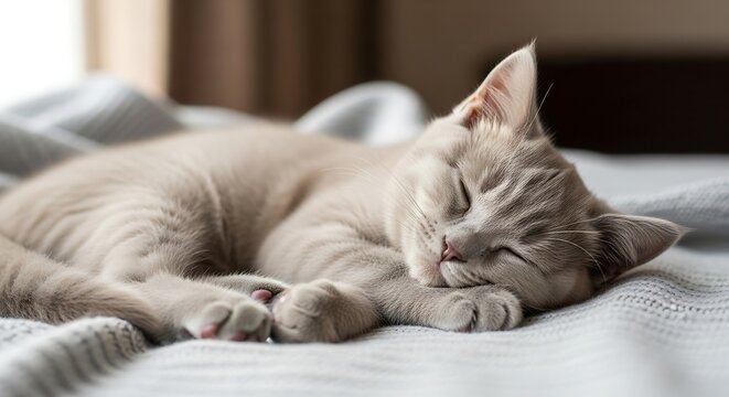 Sleeping Cat on Bed with Comforter.