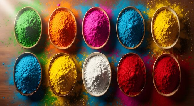 Vibrant holi colors in bowls for festival of colors celebrations