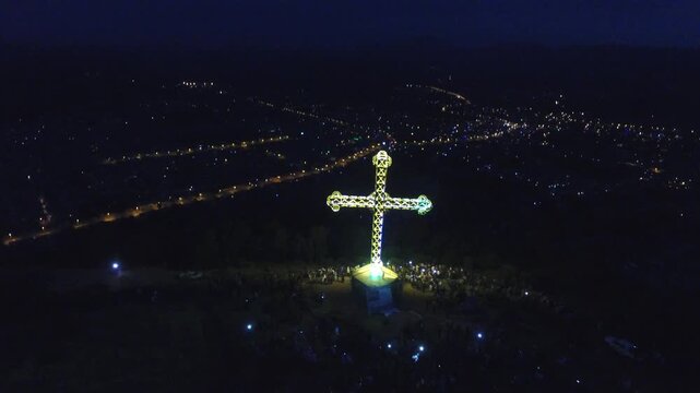 Aerial Night View of the Illuminated Meskel Cross on Kemdaero Mountain, Adigrat, Tigray