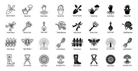 Fototapeta premium Black and white minimalist hybrid garden icon set featuring conceptual combinations of nature and horticulture tools in linear and solid styles