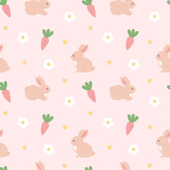 Spring vector seamless pattern with cute bunny, carrot, flower and heart in flat style on gentle pink background.