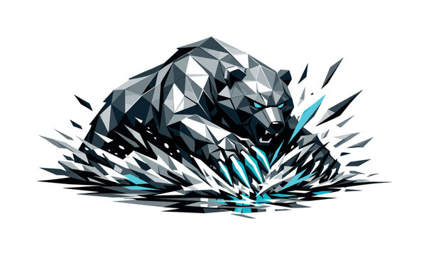 Low-poly vector illustration of a bear breaking through the river lunge in a decisive strike moment, perfectly aligned angular