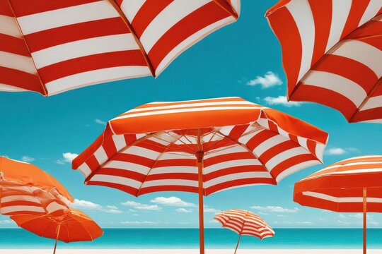 Red and white striped beach umbrellas on a sunny turquoise ocean shore for summer relaxation