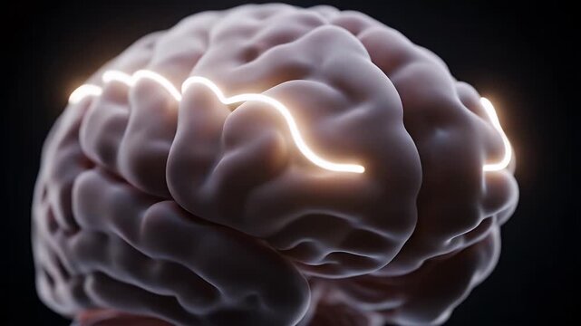CGI animation of human brain activity with glowing neural pathways and electrical signals in a dark medical research