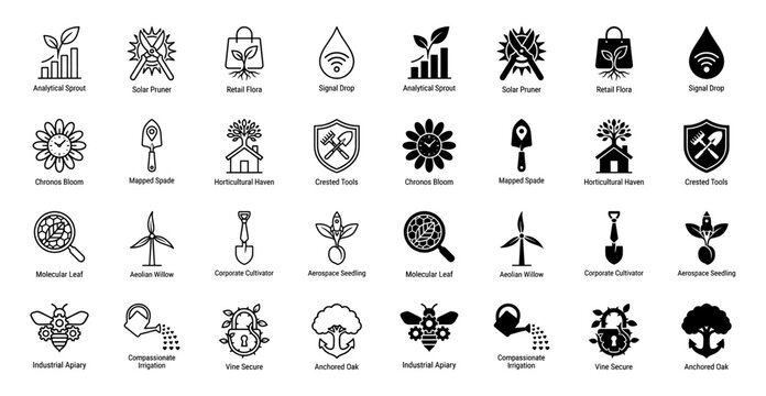 Collection of conceptual hybrid nature icons merging botanical growth with industrial tools and data symbols in outline and solid black styles