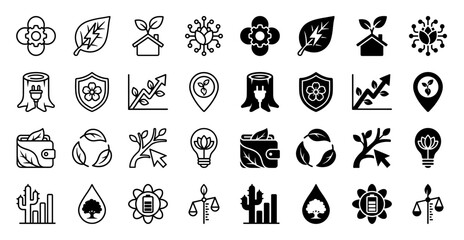 Fototapeta premium Sustainable hybrid icon set merging nature with industry featuring plant gear motifs leaf energy symbols and eco friendly growth chart designs