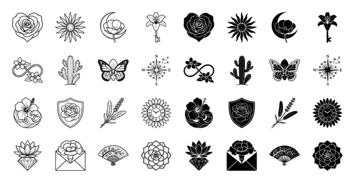 Hybrid botanical icon collection featuring floral merges with hearts clocks compasses and gems in minimalist line and solid silhouette styles