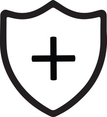 Fototapeta premium Minimalist medical security line art icon: Simple black outline of shield with health cross