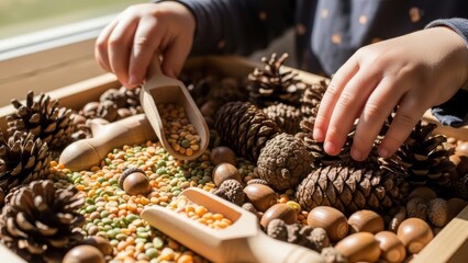 Autumn sensory tray with pine cones acorns and lentils for nature play and tactile learning activity background for classroom or home