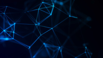 Abstract digital network of glowing nodes and connecting lines. Technological context. Network connection structure. Interweaving effect. Vector illustration © Anna