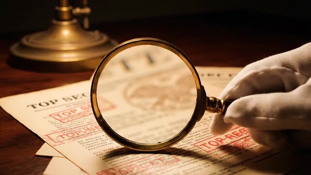 Top Secret Document Under Magnifying Glass, Espionage and Investigation Concept