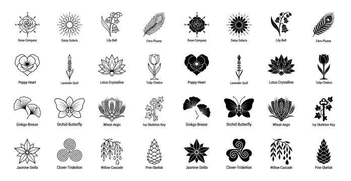 Minimalist hybrid botanical icon set merging floral elements with symbolic objects like compass quill key and shield in line and solid styles