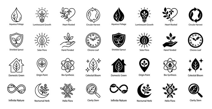 Collection of hybrid botanical icons merging nature with symbolic concepts including heart shaped roots a clock leaf and DNA helix flora in outline and solid styles