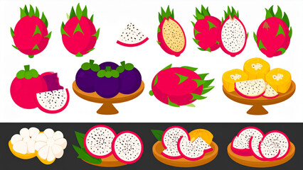 Pitaya Tropical Fruit Illustration Collection &ndash; Dragon Fruit Whole and Cut Flat Vector