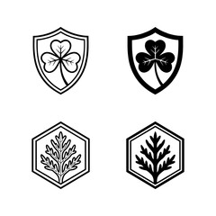 Fototapeta premium Symmetric botanical emblem set featuring hybrid clover shield and organic leaf hexagon icons in minimalist outline and solid black silhouette style