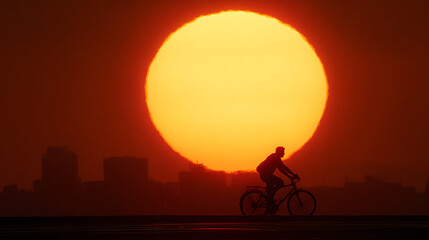 Obraz premium Fiery Sunset Ride: Silhouette of Cyclist Against a Giant Golden Sun and City Skyline at Dusk, Exploring Urban Horizon with Warm Light