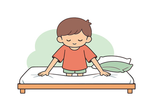 Peace child smooths bed sheets with both hands, tugging corners flat as pillows wait nearby on a simple bed frame quietly now yep