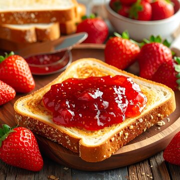 Toast with jam and strawberries on a wooden board, arranged attractively, conveying a breakfast or snack scene