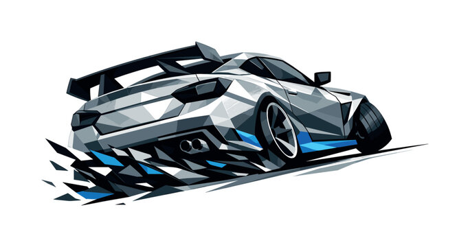 Low-poly vector illustration of a street racer setting up for a drift, car entering a sharp turn with angular front wheels turned
