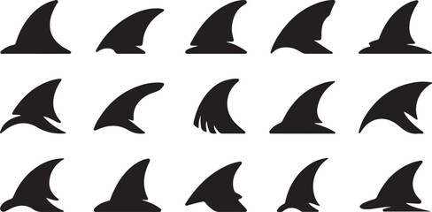 Naklejka premium Collection of black shark fin silhouettes on a white background