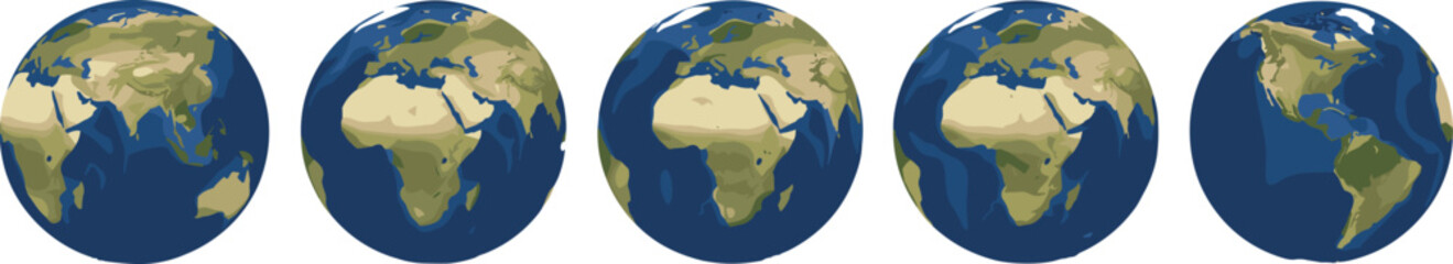 Earth globe set with different world map views isolated on light background, planet geography illustration for education, travel, environment and global communication design © Saera