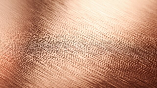 Copper Metallic Brushed Texture Close-up Background, Rose Gold Surface with Grain and Reflection, Macro Detail