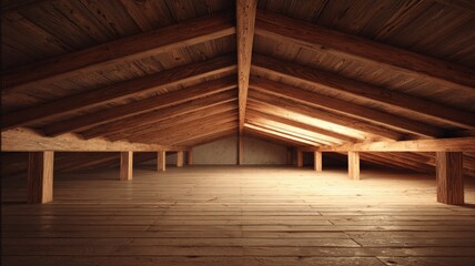 Rustic Attic Interior with Wooden Beams and Floorboards, Ideal for Renovation Concepts