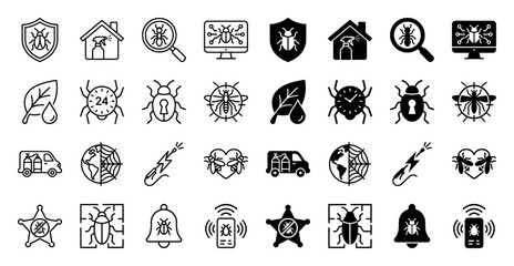 Pest control icon set featuring hybrid symbols merging insect silhouettes with security shields household spray bottles and digital monitoring hardware