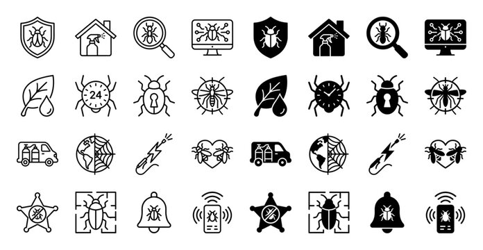 Pest control icon set featuring hybrid symbols merging insect silhouettes with security shields household spray bottles and digital monitoring hardware