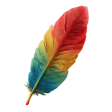 Red-tipped parrot feather with a vibrant tropical gradient. Isolated white background. Png format