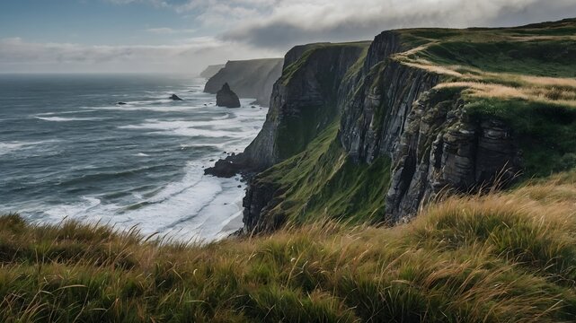 Acantilados verdes sobre el oc&eacute;ano con olas rompiendo en paisaje costero dram&aacute;tico