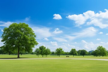 Fototapeta premium Green trees and grass filling a wide park landscape during summer