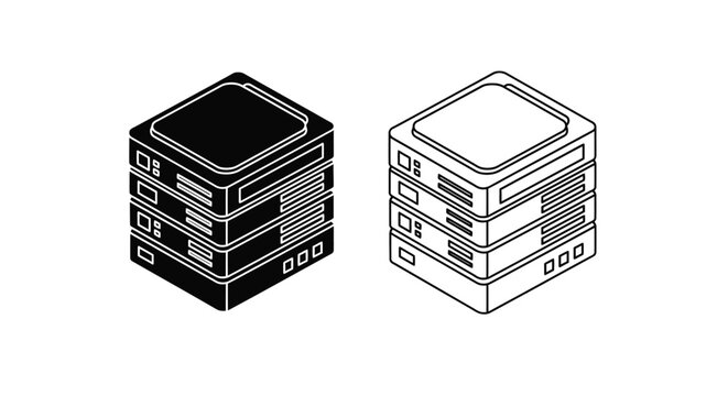 Two isometric server stacks show data storage hardware.