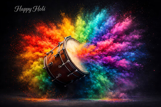 Traditional indian drum exploding with magnificent vibrant colorful dry powder clouds against dark background representing the energetic musical spirit of holi holika dhan rang panchami